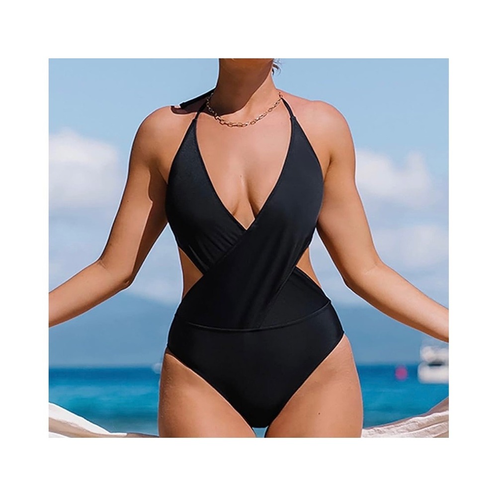 Black One Piece Swimsuit Cutout Halter Plunge Neck Monokini size M